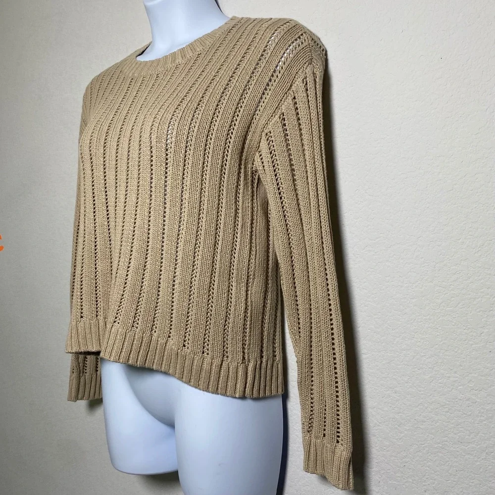 Cyrus‎ Tan Open Knit Sweater Medium Coastal Grandma Minimalist Neutral Casual